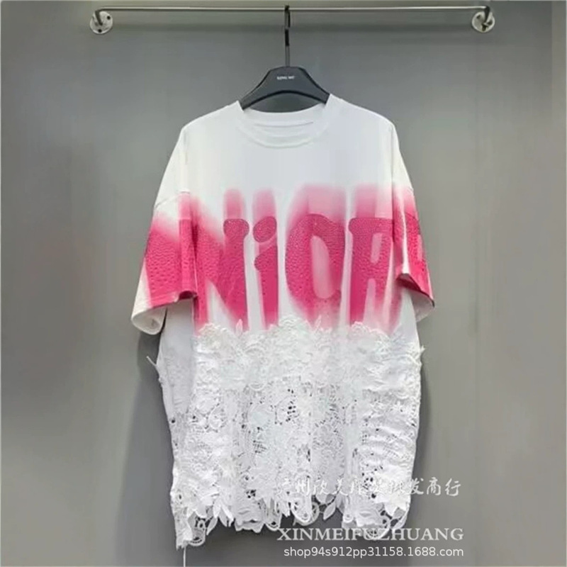 2026 Spring/Summer Large Logo Long T-Shirt and Shorts Set with Letter Rhinestone Patchwork Lace Plus Size Women's Clothing Wholesale