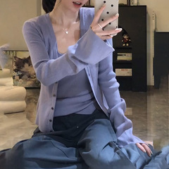 2025新款针织开衫外套女秋季长袖薄款挂脖背心紫色设计感两件套装