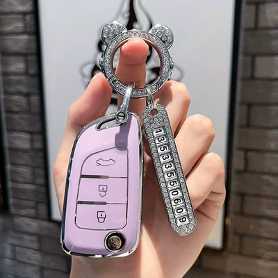 car EV shell buckle | Car key bag - fengshen-type-b-folding-3-keys-single-shell-purple-silver-spaceman-diamond-buckle-silver-number-plate