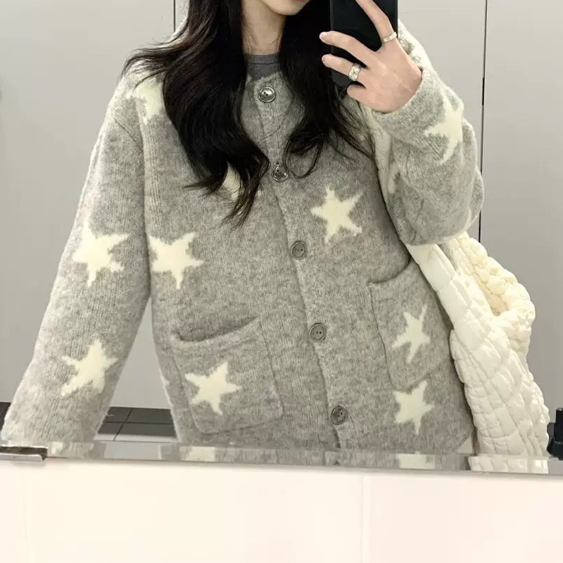 拼色五角星宽松毛衣外套女秋冬新款翻领设计感休闲慵懒风针织开衫|undefined