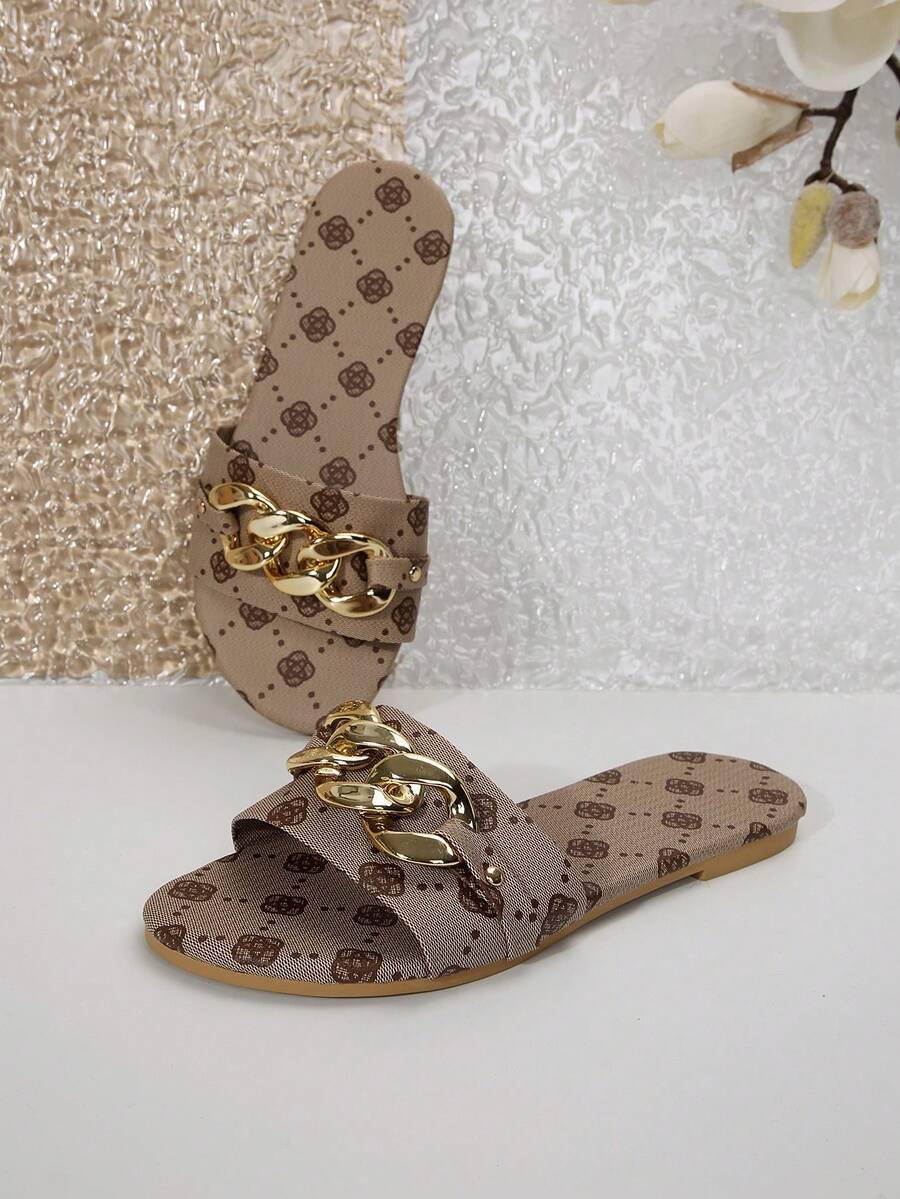 Fashionable Women's Round Toe Flat Sandals Solid Color Classic Versatile Slippers With Metallic Decoration_vogvips.com