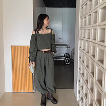 秋上新【LABEL】意法露肩设计感洋气感小衫+显瘦时尚休闲裤套装