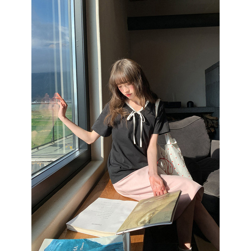 Contrast Color Ruffled Tie-Neck Short-Sleeve T-Shirt for Women, Summer 2026 New Unique and Exquisite Blouse Top Contrast Color Ruffled Tie-Neck Short-Sleeve T-Shirt for Women, Summer 2026 New Unique and Exquisite Blouse Top