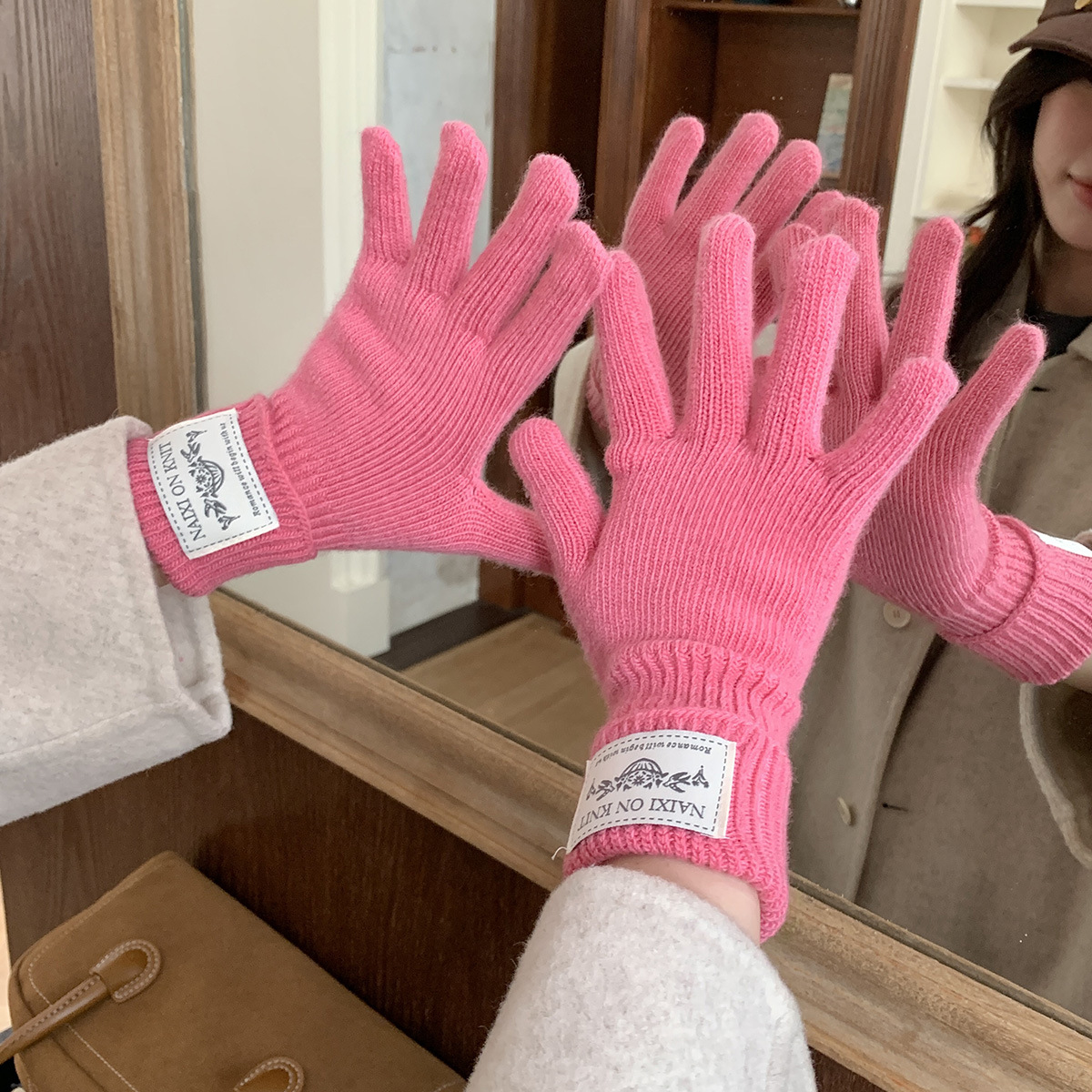 Soft and Waxy Pink Wool Knitted Long Gloves for Women Korean Winter Cold-Proof Five-Finger Student Warm Cycling Gloves