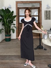 法式复古波点短袖连衣裙女夏季蕾丝拼接高腰裙子气质显瘦a字长裙