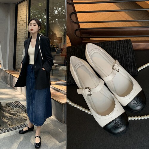 Xiao Xiangfeng Camellia Mary Jane Shoes Spring Cowhide Color Matching Round Toe Strap Flat Bottom Doll Pump Shoes for Women