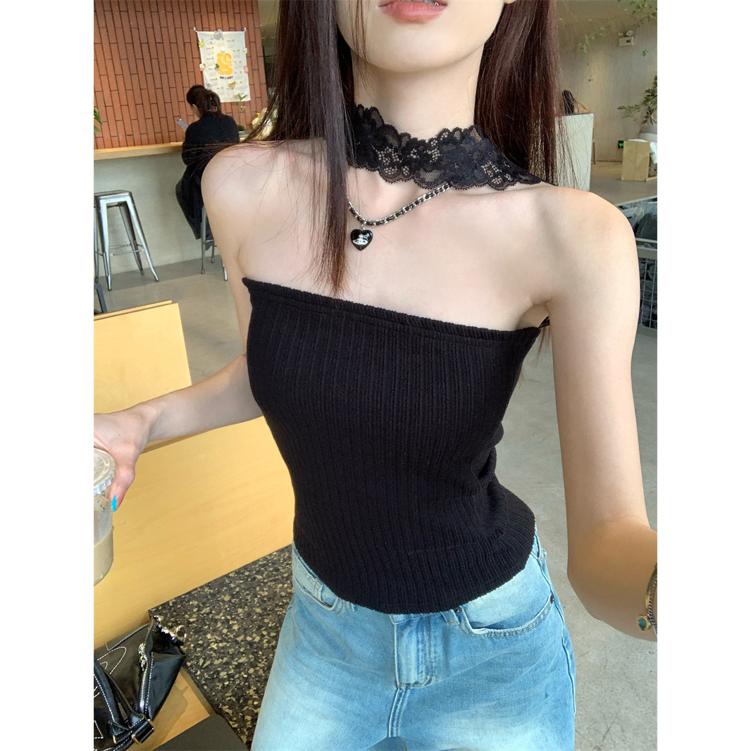 吊带背心女2025夏季新款外穿美背蕾丝挂脖黑色设计感无袖辣妹上衣