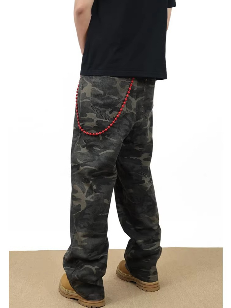 Men's Clothing Unisex Camouflage Print Jeans Loose Straight Leg Wide Leg Washed Distressed Vintage American High Street Style Trendy Clothing_mkmklike.com