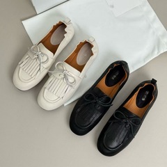 纯原高端胎牛皮复古流苏系带单鞋一脚蹬蝴蝶结平底乐福鞋小皮鞋女