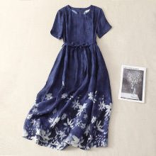 2025夏新款棉麻印花圆领短袖通勤文艺简约长款连衣裙