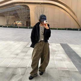 街头BF风拼接设计感牛仔裤oversize绿色个性简约休闲ins长裤潮