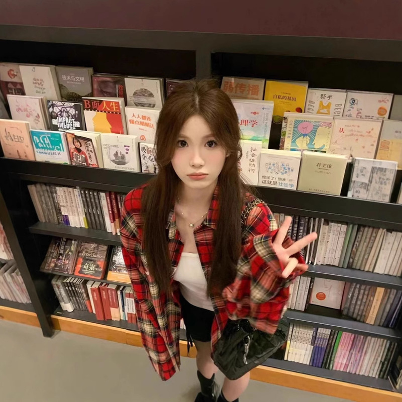 American Style Retro Red Plaid Shirt Women's Spring Loose All-match Chic Top Lazy Style Casual Shirt Jacket American Style Retro Red Plaid Shirt Women's Spring Loose All-match Chic Top Lazy Style Casual Shirt Jacket
