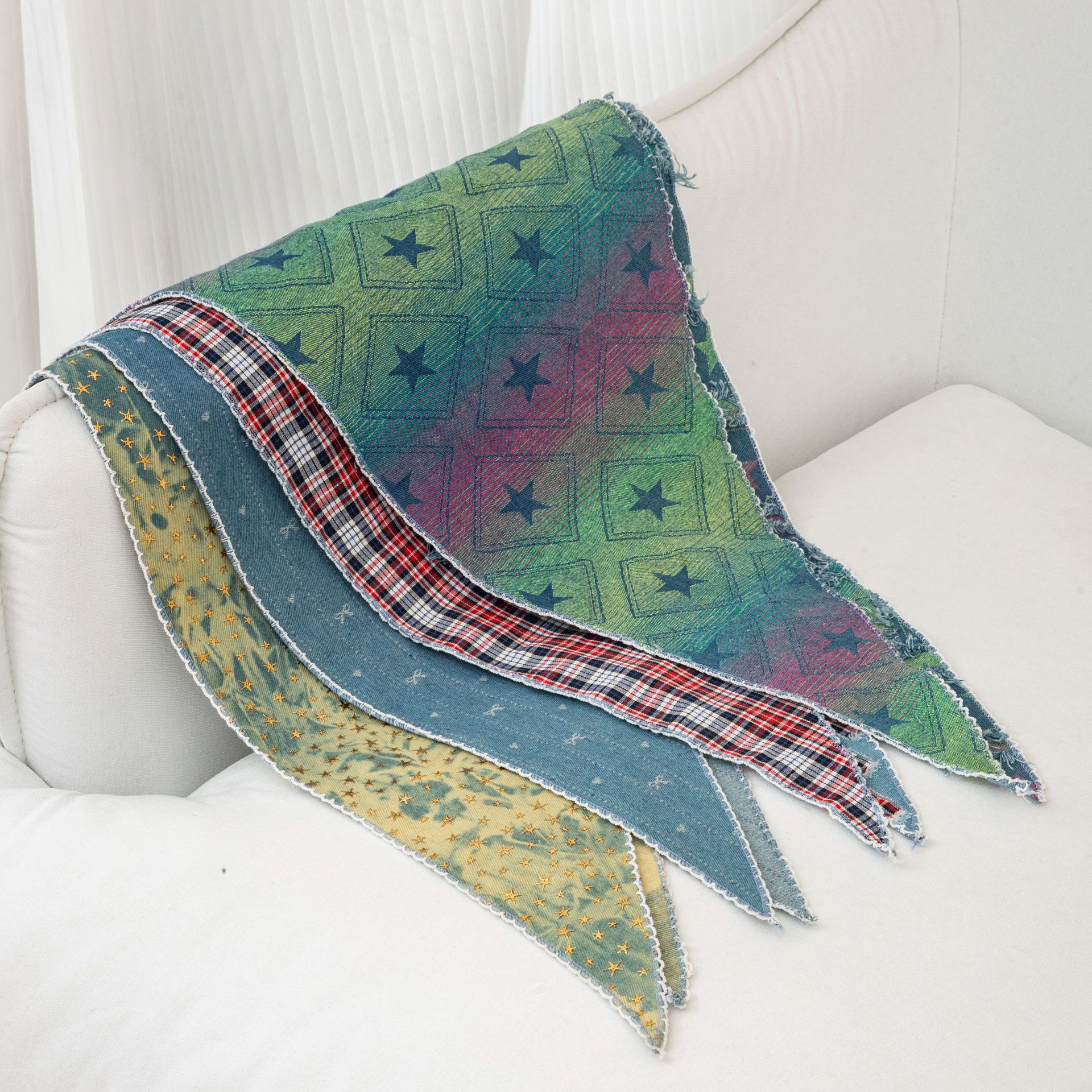 Gold Star Embossed Denim Triangle Scarf Vintage Distressed Look_voghion.com