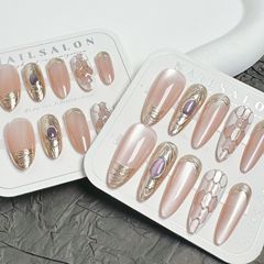 蛇年新款粉色靈蛇穿戴甲長杏仁美甲貼片手工蛇紋布契拉提純欲鎏金