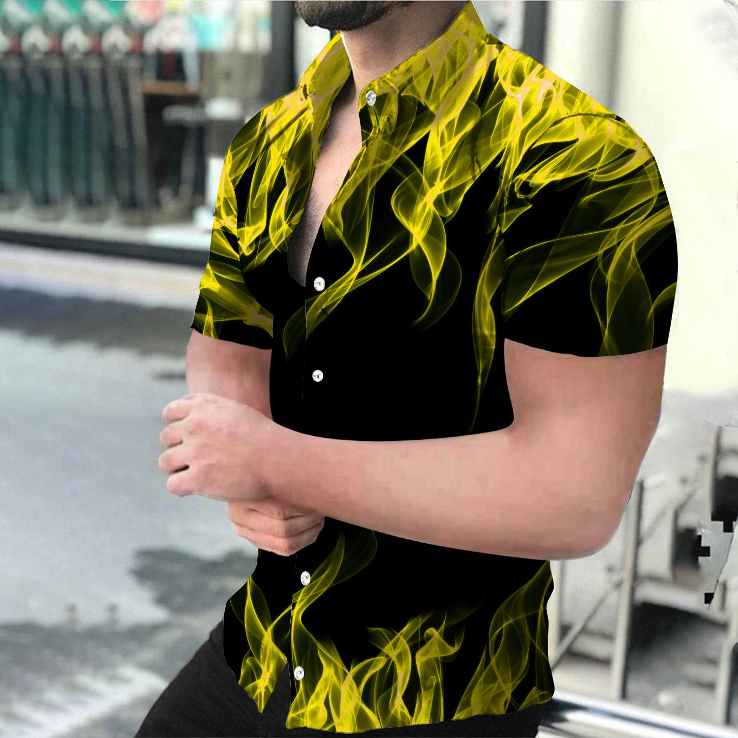 Nuevas camisas de impresión de hombres grandes transfronterizas, camisas de manga corta hawaianas, llamas de verano, camisas casuales impresas en 3D