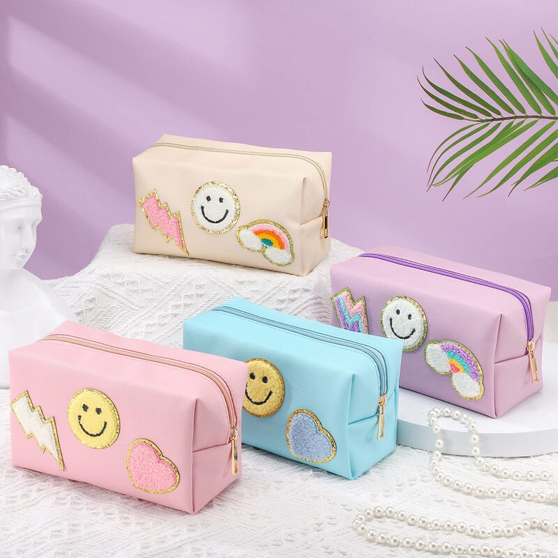 Chenille patch embroidered pattern zipper cosmetic bag small size portable cute pu leather waterproof cosmetic bag