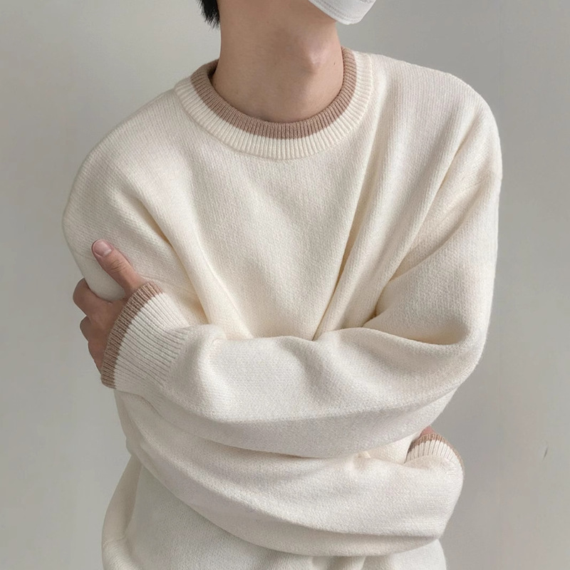 Collar Color Winter New Sweater Men's Round Neck Warm Color Loose Outer Wear Knitted Sweater for Boys Korean Style Trendy Base