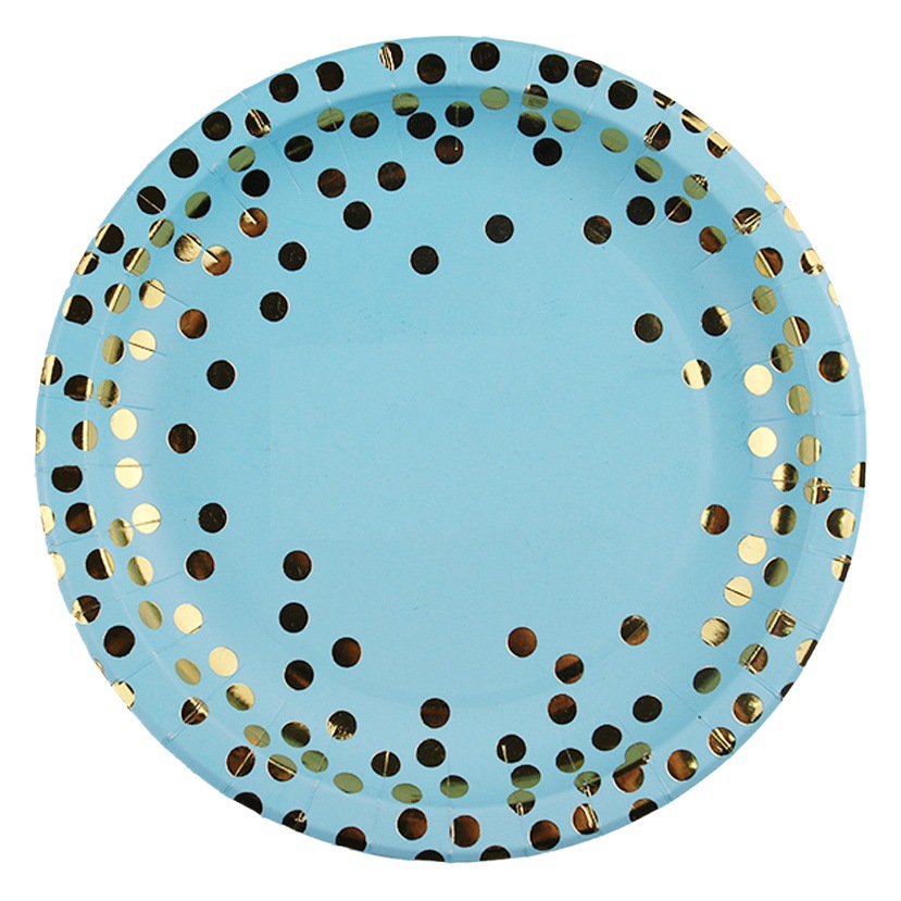 Dorado punto azul traje de lunares vajilla de cumpleaños desechable de gama alta plato de merienda taza de papel suministros de tejido