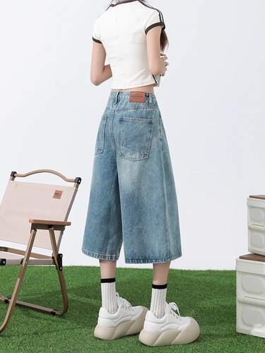 Jeans for women, summer, light-colored large size, seven-cent, 2025 new style, thin, loose, high-waist, light-colored straight, wide-leg pants for women
