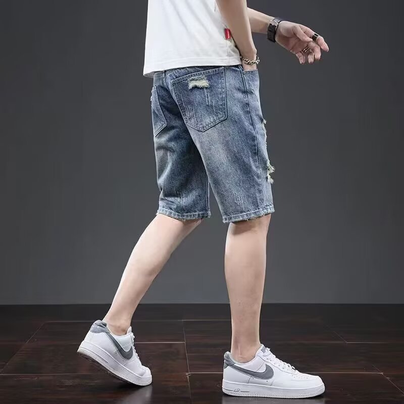 Men's Casual Ripped Denim Shorts Summer Thin Outerwear Ins Trendy Versatile Loose Straight Men's Shorts