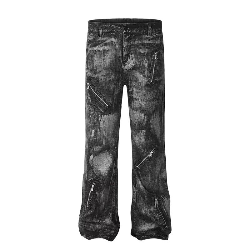 Men's Retro Distressed Flared Jeans High Street Style Loose Fit Zipper Design Cool And Edgy Long Pants_mkmklike.com