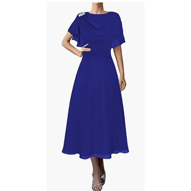 Amazon foreign trade independent website fashion short-sleeved evening dress Women's Light luxury temperament round neck mid-length large swing dress jumpsuit