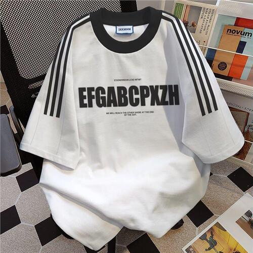 Special American Retro Three-Bar Short-Sleeve T-Shirt for Men and Women, Trendy Brand Letter Print Loose Half-Shirt