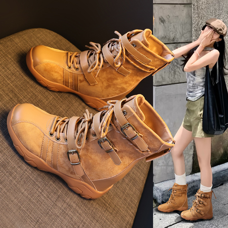 Giày boot nữ cổ ngắn đế dày tăng chiều cao phong cách retro siêu mềm đa năng — màu đen