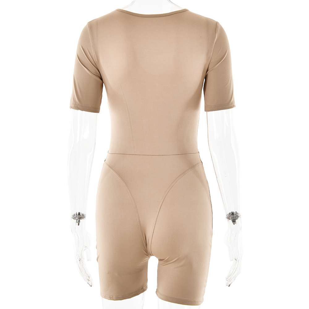 Popular Sexy Tight Jumpsuit Spring Summer Short Sleeve V Neck Patchwork Bottoming Shirt Women