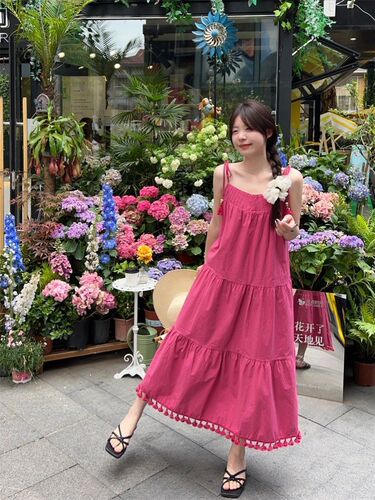 Magenta Vacation Style Flowy Spaghetti Strap Dress for Women 2025 Summer New Arrival Loose and Slimming Unique Long Dress