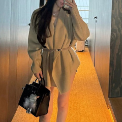 韩系大翻领时尚气质针织开衫女秋冬新款中长款宽松毛衣外套女