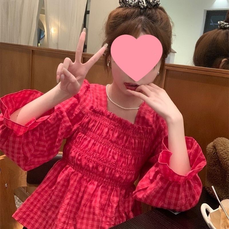 Spring and Autumn Sweet and Spicy Style Red Plaid Long-Sleeved Shirt with Exposed Back for Women, New Square Collar Ruffled Chic Babydoll Shirt Spring and Autumn Sweet and Spicy Style Red Plaid Long-Sleeved Shirt with Exposed Back for Women, New Square Collar Ruffled Chic Babydoll Shirt