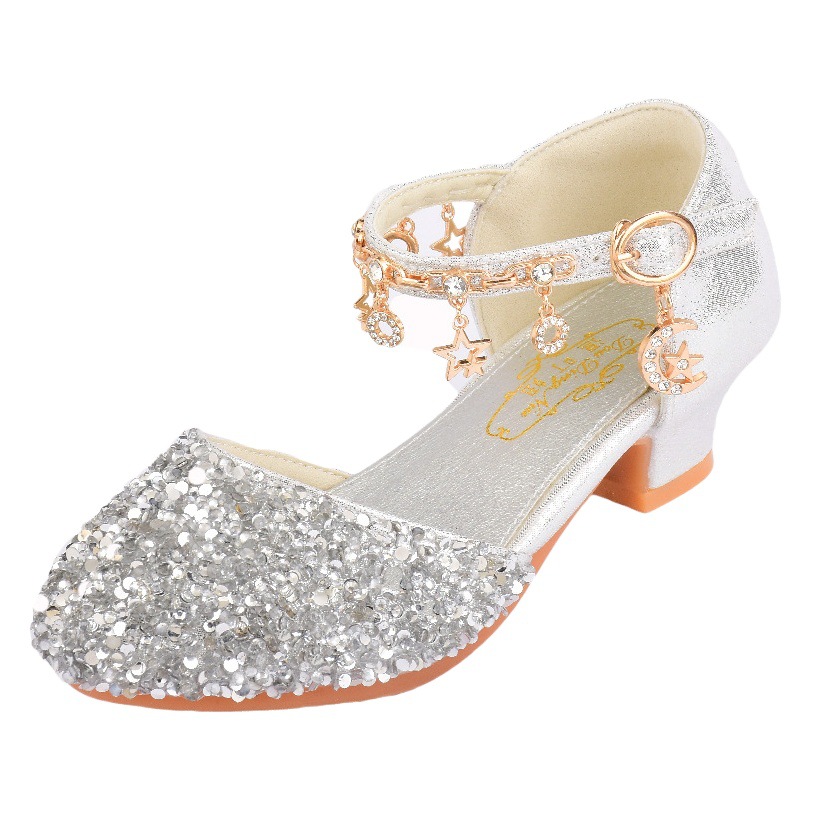 Zapatos de tacón alto de las niñas de cristal brillante primavera y otoño cerrado dedo del pie zapatos de cuero de princesa medio y grande niños estudiante rendimiento Zapatos Sandalias de los niños