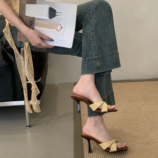 French Stiletto High Heels for Women 2025 Summer New Style Cross-Strap Square-Toe Slippers Fashionable with Skirts for Outer Wear