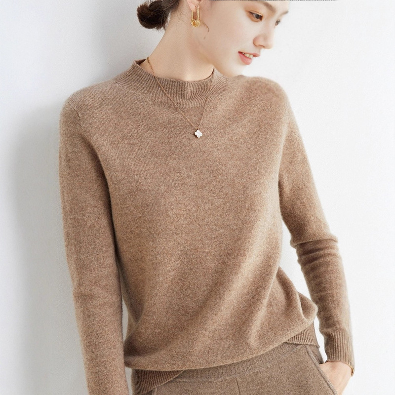 New 100% Pure Wool Women's Knitwear, Half Turtleneck Pullover, Loose Base Layer, Warm, Soft, Pure Color Sweater