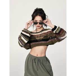 秋季新款镂空宽松套头绿色条纹短款罩衫露脐半截辣妹毛衣针织衫女