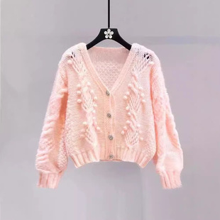 2024 New Pink French Retro V-Neck Slim Versatile Cardigan Jacket Gentle Versatile Sweet Age-Reducing Top