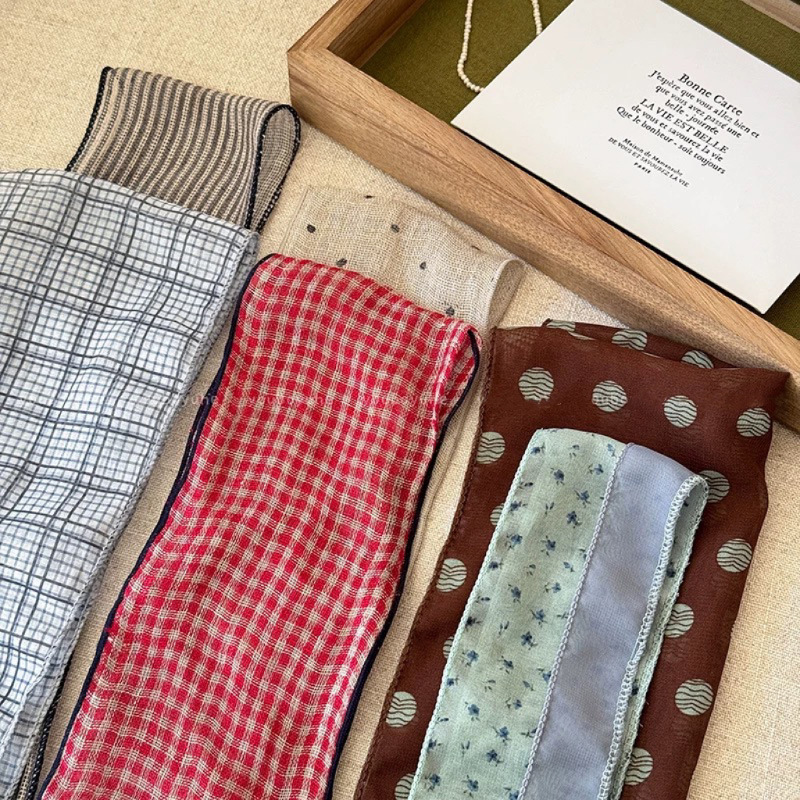 retro artistic plaid linen scarf women‘s korean style versatile fashion special-interest ribbon thin scarf commuter accessories