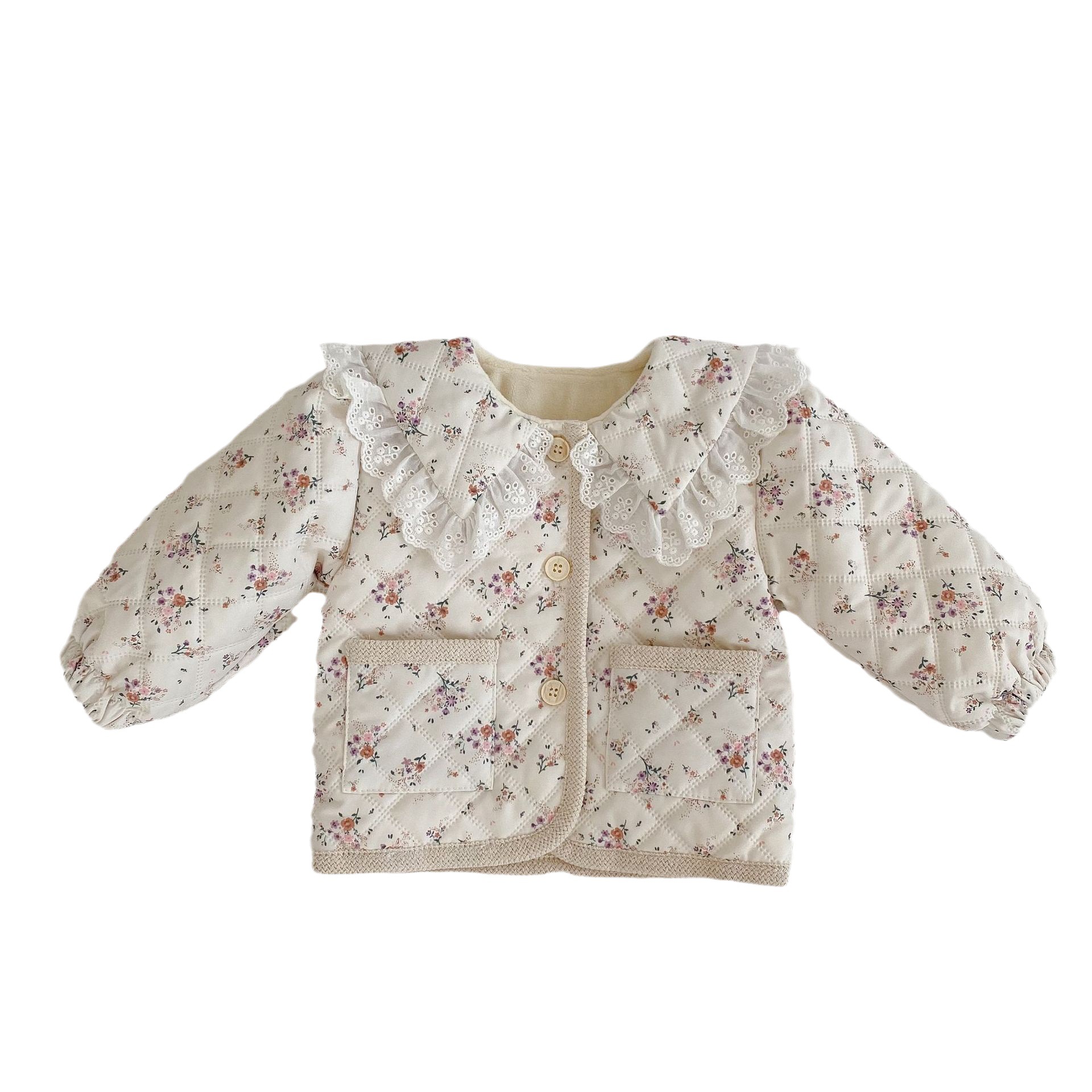 INS invierno niñas bebé lana forrado floral abrigo estilo occidental solapa algodón acolchado abrigo manga larga engrosada Chaqueta de algodón acolchado