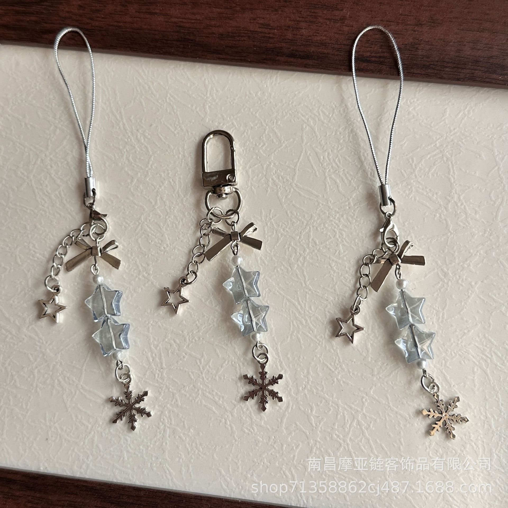 Japanese and Korean Style Ins Style Sweet Girly Heart Blue Star Silver Bow Snowflake Mobile Phone Chain Simple Headphone Keychain