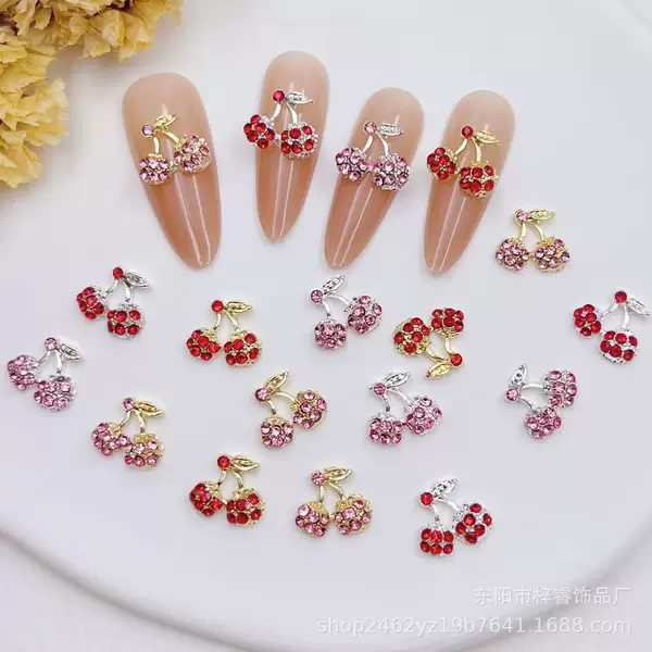 Cross-Border New Three-Dimensional Super Flash Cherry Nail Art Jewelry Internet Celebrity Alloy Cherry Nail Art Mobile Phone Case Accessories Wholesale