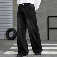 秋季高街猫须水洗牛仔裤美式直筒宽松潮牌休闲长裤阔腿百搭裤子男