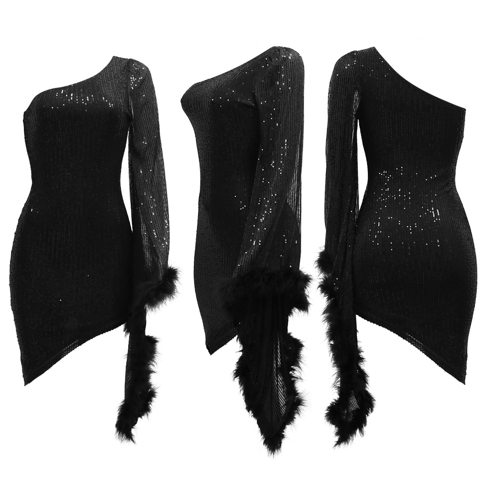 Diagonal Collar Irregular Asymmetric Sequined Sheath Dress for Women