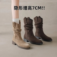 引力鞋厂小个子堆堆靴女春秋2025新款内增高西部牛仔靴单靴马丁靴