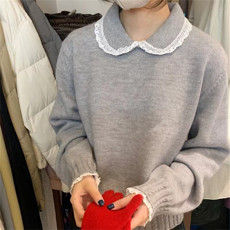 New style thick knitted sweater with doll collar and lace trim, loose-fitting winter knit top for women New style thick knitted sweater with doll collar and lace trim, loose-fitting winter knit top for women