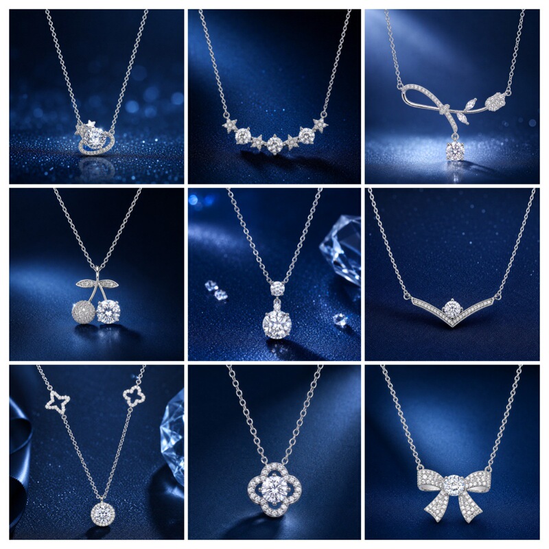 White gold plated moissanite necklace for women, simple and elegant, classic four-leaf clover pendant, collarbone chain jewelry, popular item from live stream White gold plated moissanite necklace for women, simple and elegant, classic four-leaf clover pendant, collarbone chain jewelry, popular item from live stream