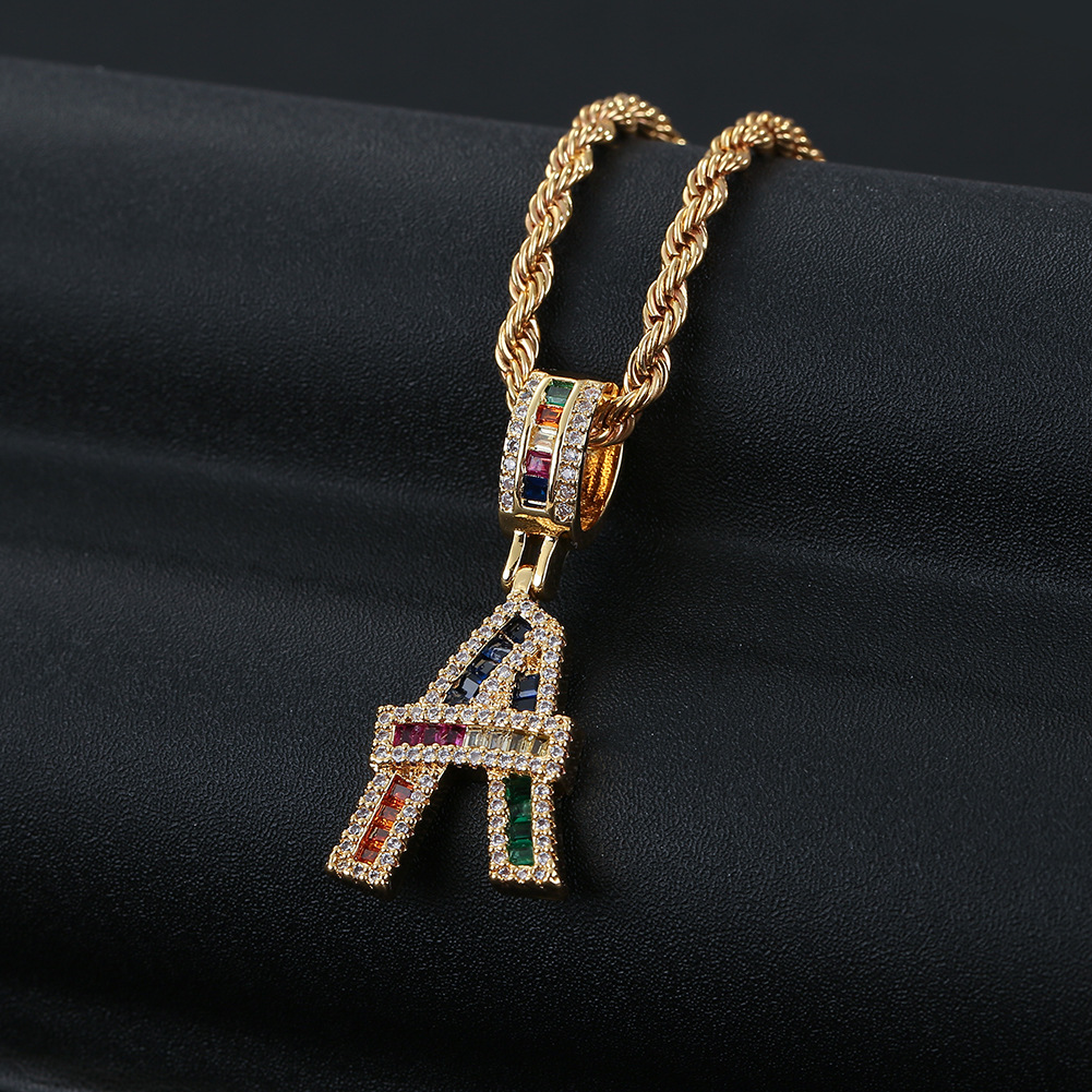 Hip Hop Color Zircon 26 English Letter Copper Necklace