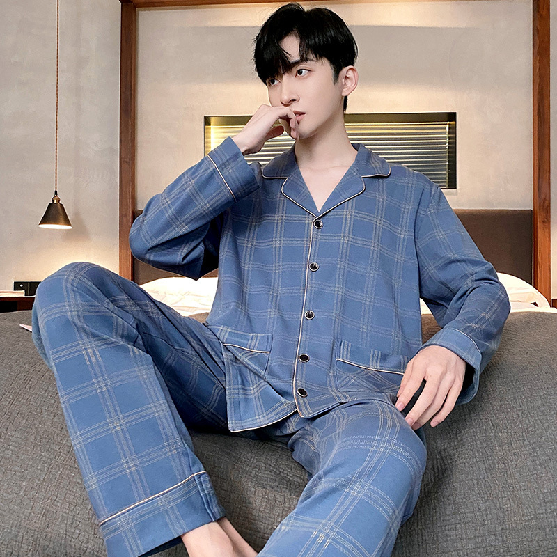 Pijamas de los hombres de primavera y otoño de manga larga casual de los hombres más el tamaño de la juventud suelta temperamento de mediana edad conjunto completo traje de moda para el hogar