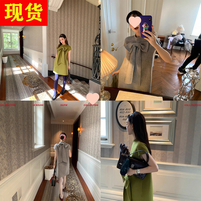 Le Rouge Zhou Meimei's Exquisite and Elegant Detachable Bow All-Wool Double-Sided Woolen Dress