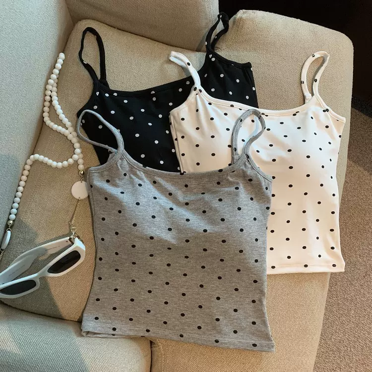 高质量莼棉波点带胸垫吊带背心女大U露背美背外穿内搭裹胸上衣夏
